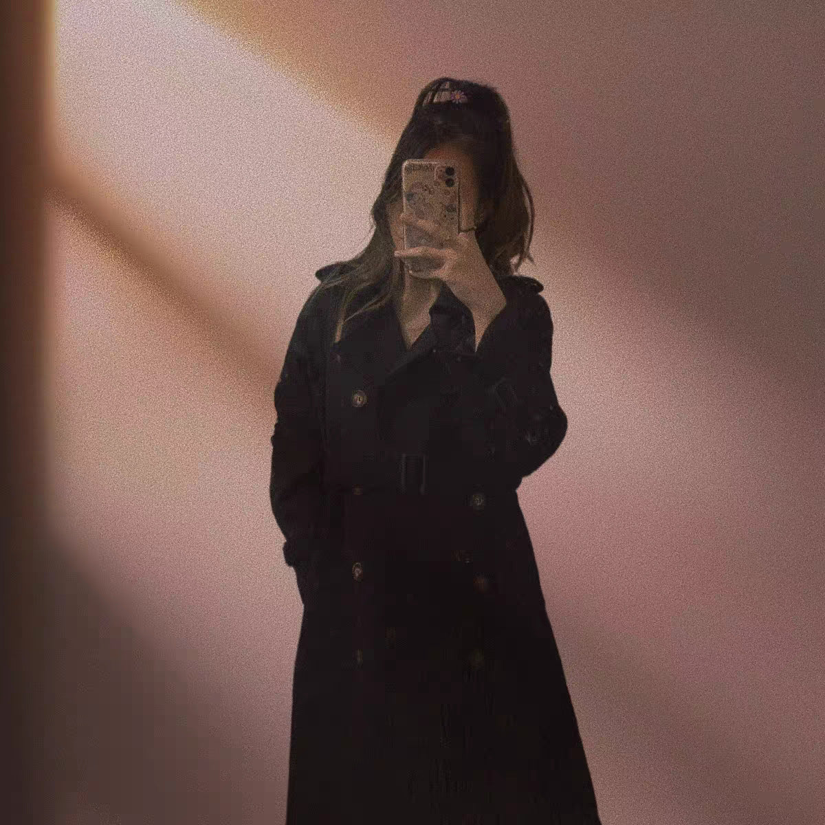 Korean-style mid-length trench coat jacket for petite women in a tailored silhouette