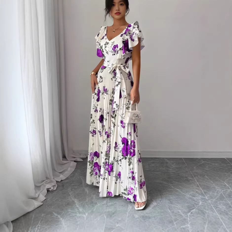 Women's V-neck printed ruffle A-line dress by My Store