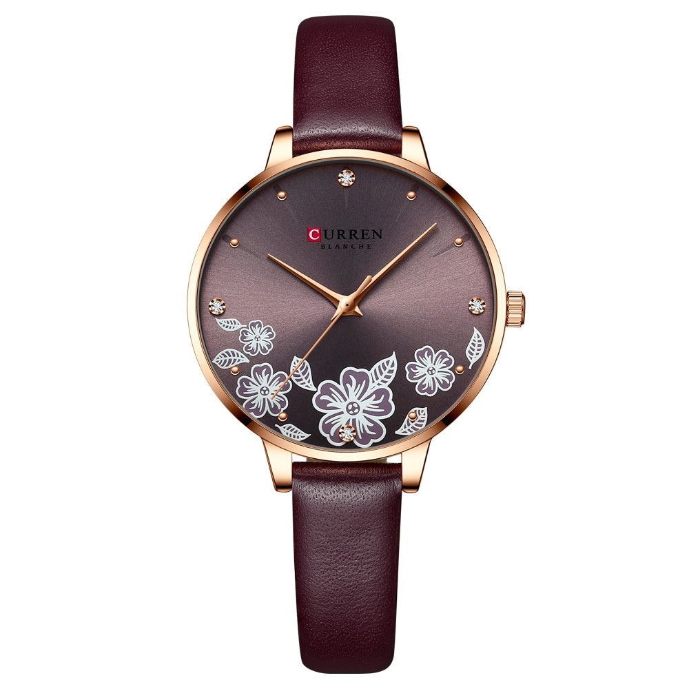 Women's waterproof casual leather small-dial watch with classic round face and leather strap