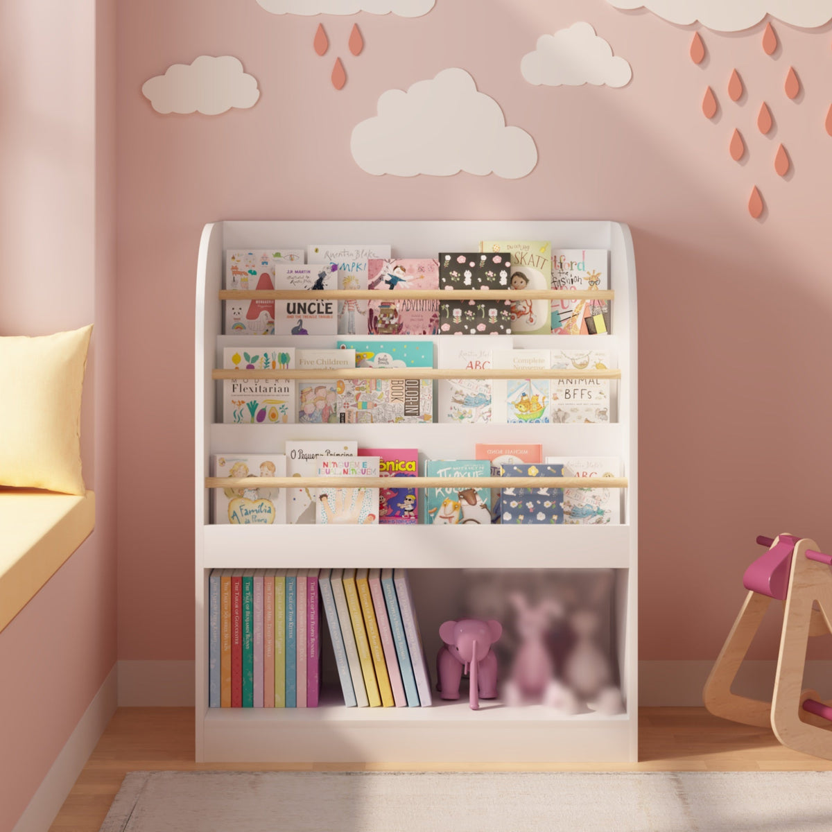 Kids bookshelf by GBruno Store with 3-tier front-facing display and toy storage, featuring colorful shelves and organized book and toy space.
