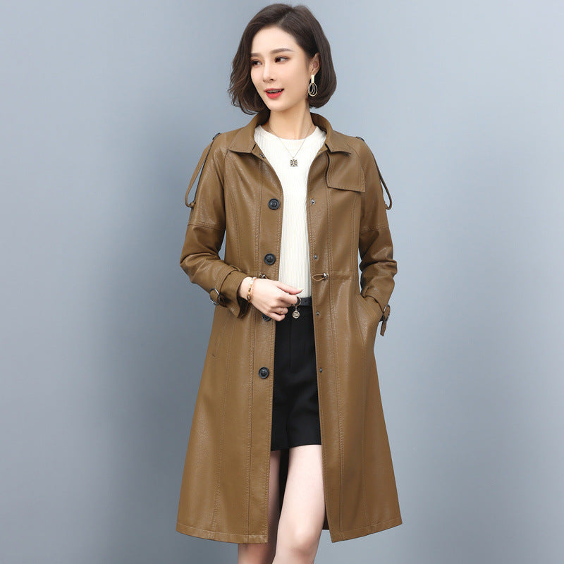 Women's sheepskin leather trench coat with turn-down collar, drawstring waist, and loose long fit