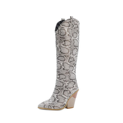 Snake print high heels rider boots from BACKUPMYFILESNOW.COM® with pointed toes and ankle-high design, stylish and trendy footwear.