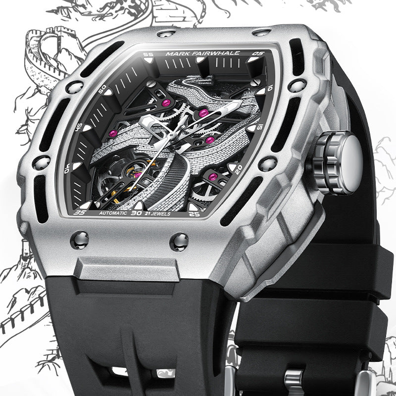 Openwork carved luminous fully automatic mechanical watch with visible skeleton dial and intricate detailing