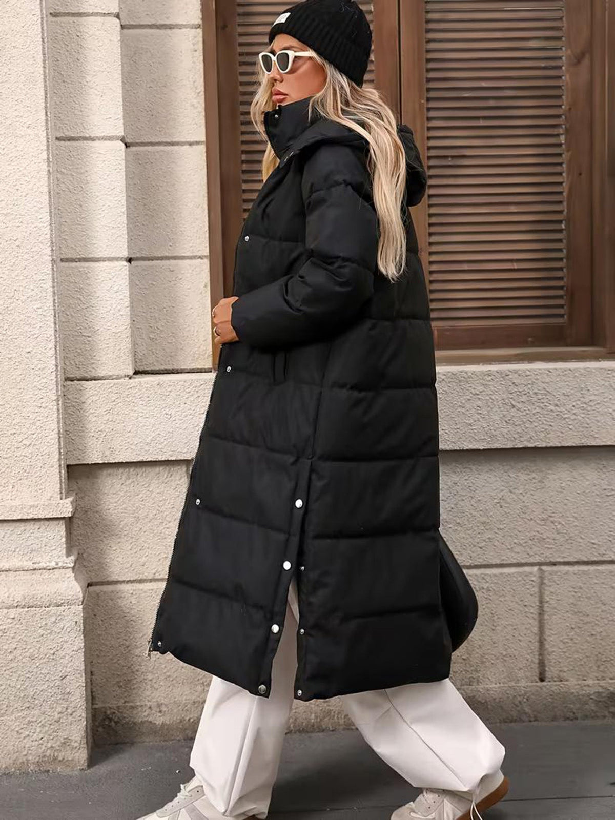 Black long-length hooded thickened cotton coat for women, front view