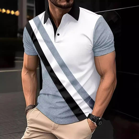 Men's print breathable fashion polo shirt top with short sleeves and a casual patterned design