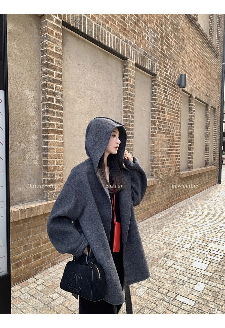 Women's sophisticated wool double-faced coat in neutral color, front view
