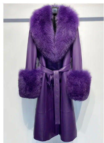 Slim-fit leather sheepskin fox fur coat with plush fur trim and tailored silhouette