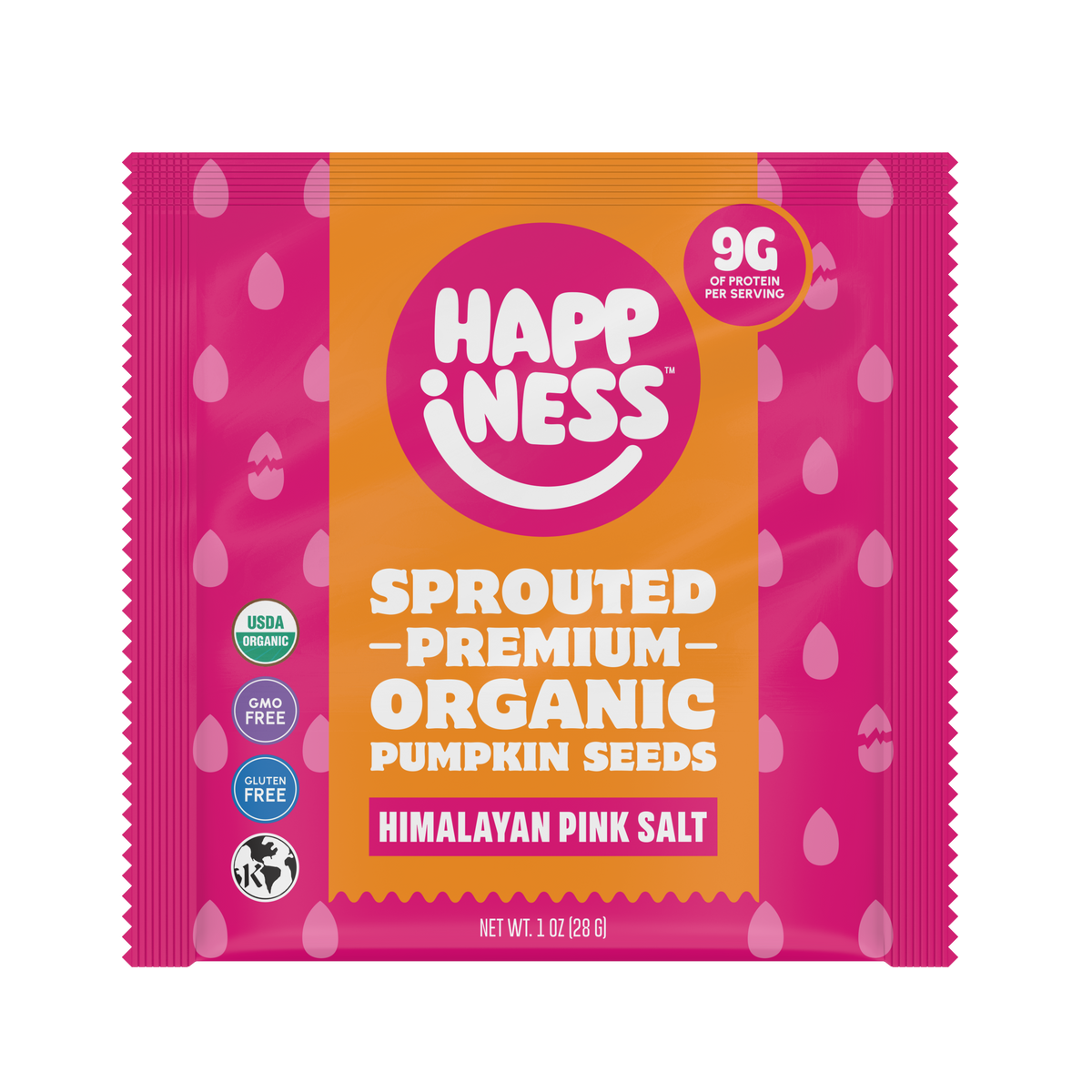 Happiness Minis sprouted organic pumpkin seeds in Himalayan pink salt flavor, in pink packaging with white and orange accents.