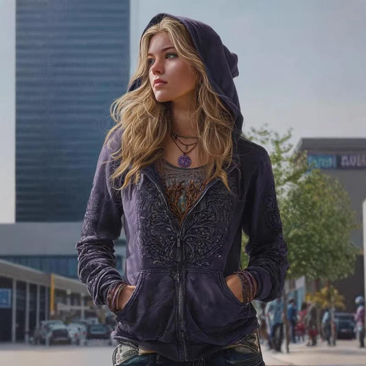 Printed hooded zip-up cardigan women's casual sweatshirt in a fashionable design