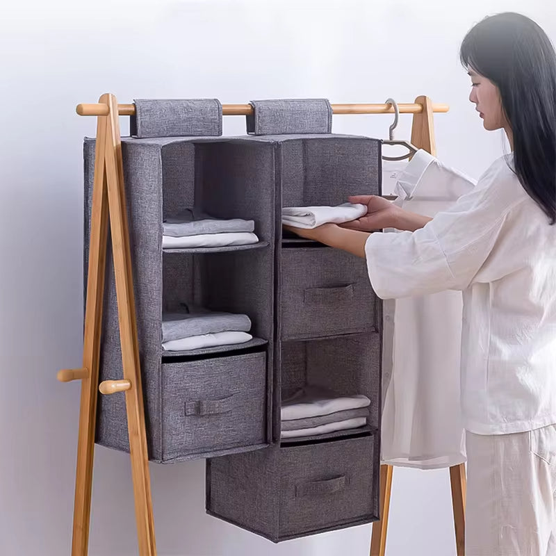 Drawer storage closet hanging bag with multiple compartments for organized clothing and accessories
