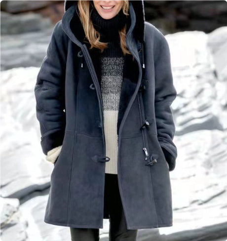 Women's winter button coat with hood and pockets, warm fashion jacket in dark blue