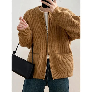 Women's laid-back style zip-up sweater coat from My Store, featuring a cozy knit design and front zipper