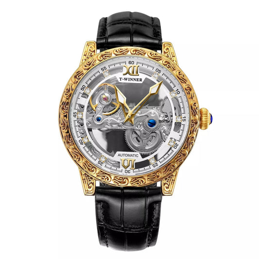 Men's vintage carved semi-automatic mechanical watch with a detailed dial and classic wristwatch design