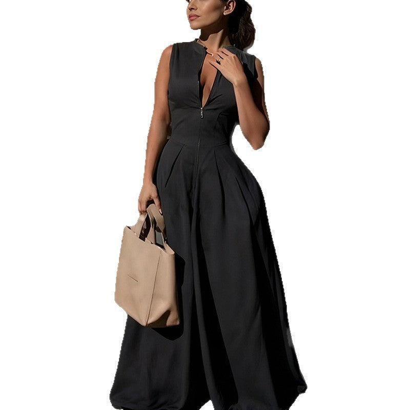 Women's solid-color casual loose wide-leg jumpsuit pants in European and American style