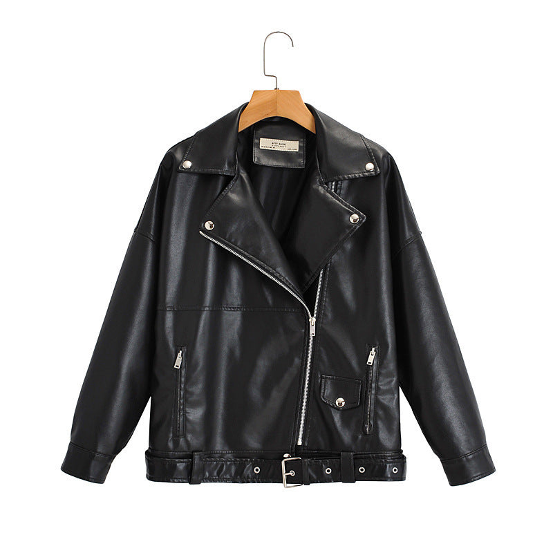 Women's loose leather jacket with turn-down collar, front view