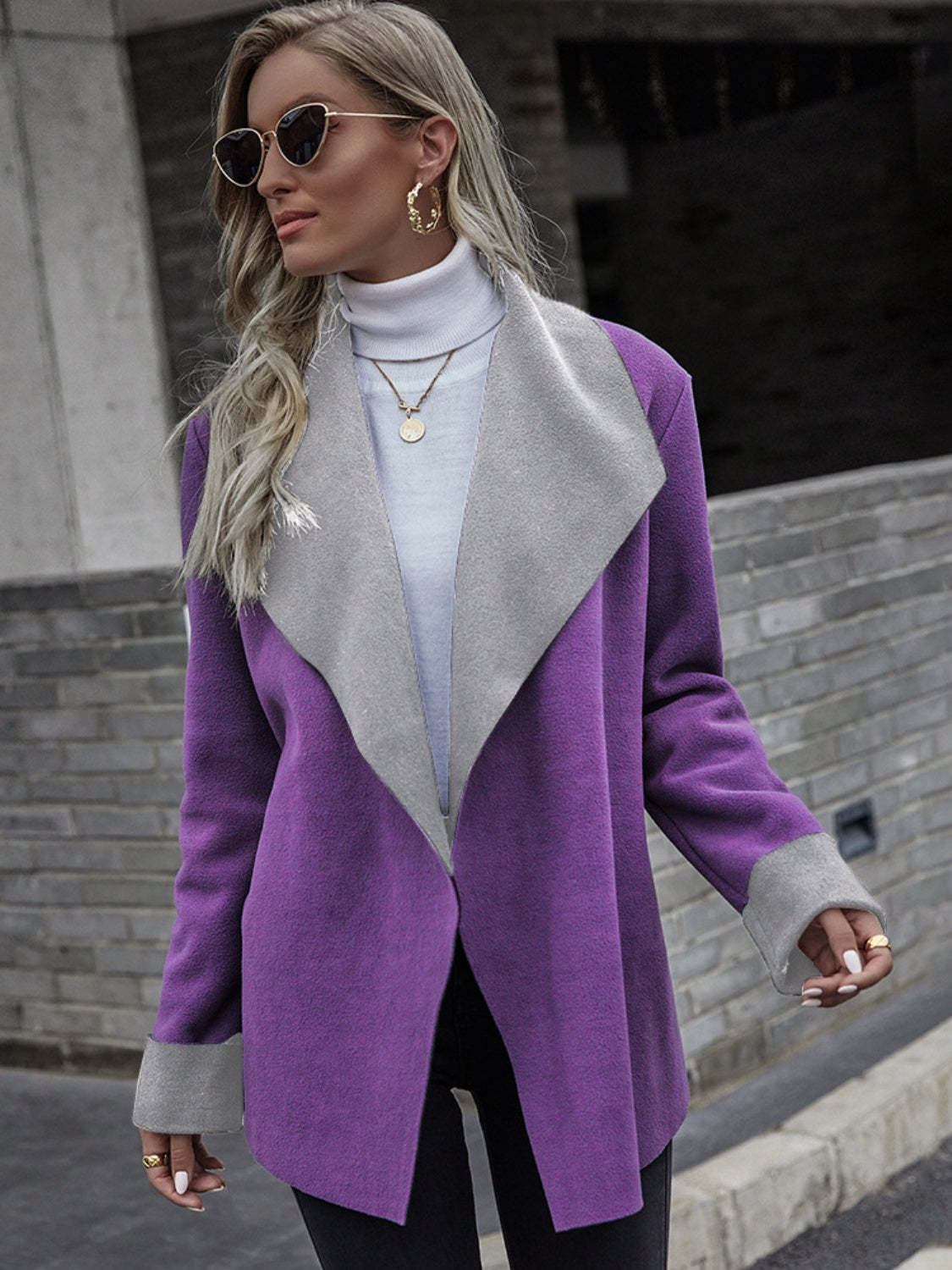 Notch-lapel contrast-color long-sleeve wool blazer by My Store