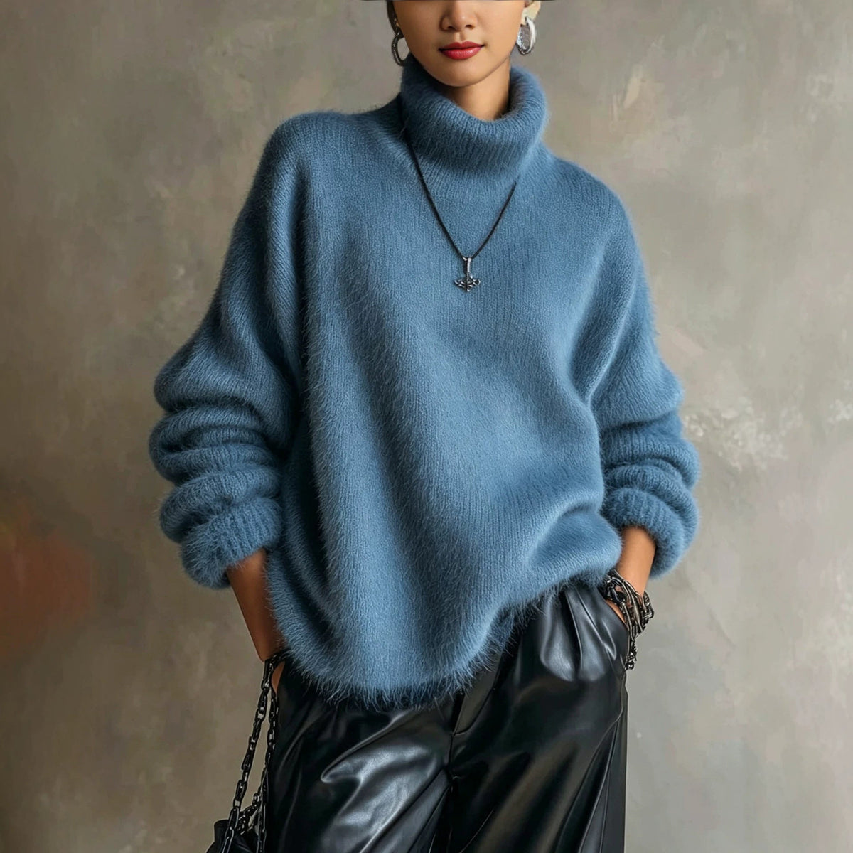Women's solid-color loose-fitting turtleneck sweater in soft plush knit:VEVENT