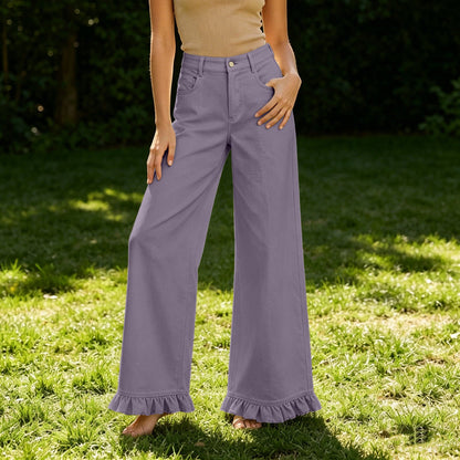 High-waisted cotton-linen wide-leg pants with ruffled hem in a relaxed silhouette