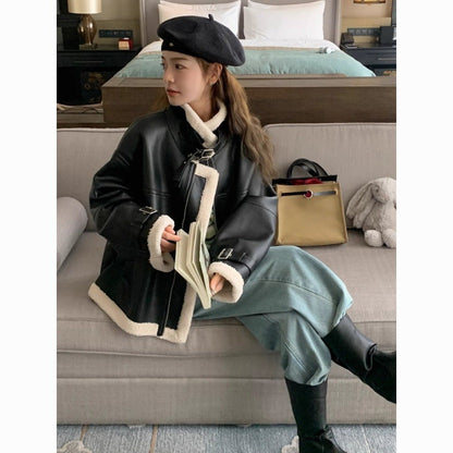 Lamb wool motorcycle clothing coat, winter loose-fit design by My Store