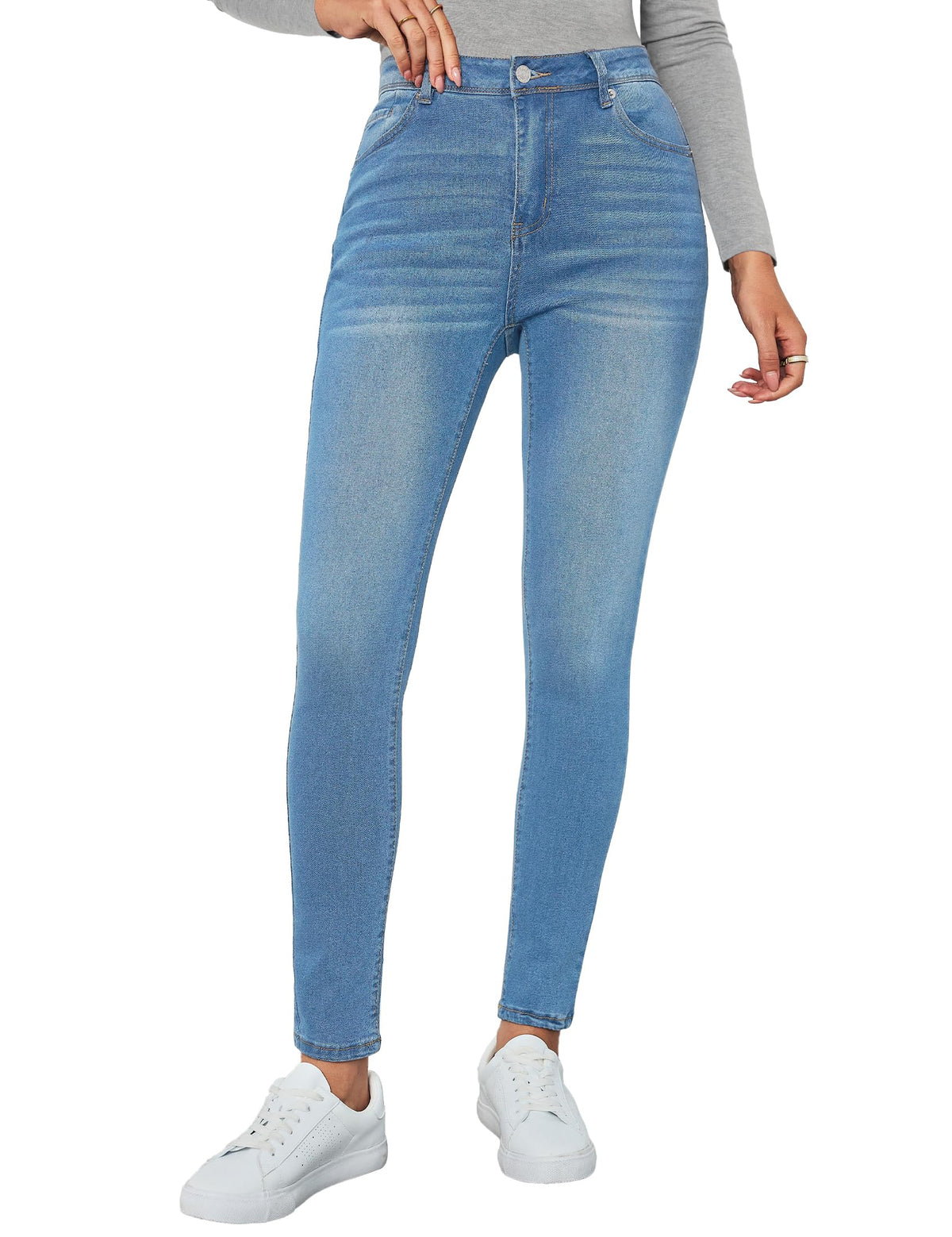 Backupmyfilesnow Vetinee women's high-rise slim jeans in medium blue denim, size XS, with a fitted silhouette and classic five-pocket design.