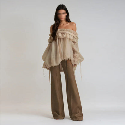 Retro off-the-shoulder bell-sleeve solid color chiffon top by My Store