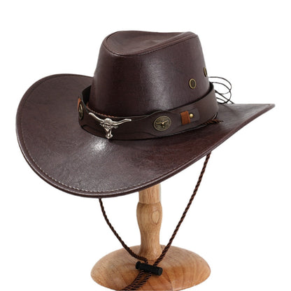 PU leather retro curved denim hat with 3D metal ox-head detail and belt accent