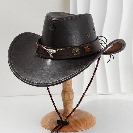 PU leather denim hat with curved brim and 3D metal ox-head embellishment, retro style
