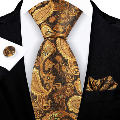 Jacquard-embroidered cashew flower tie with intricate floral pattern and textured fabric