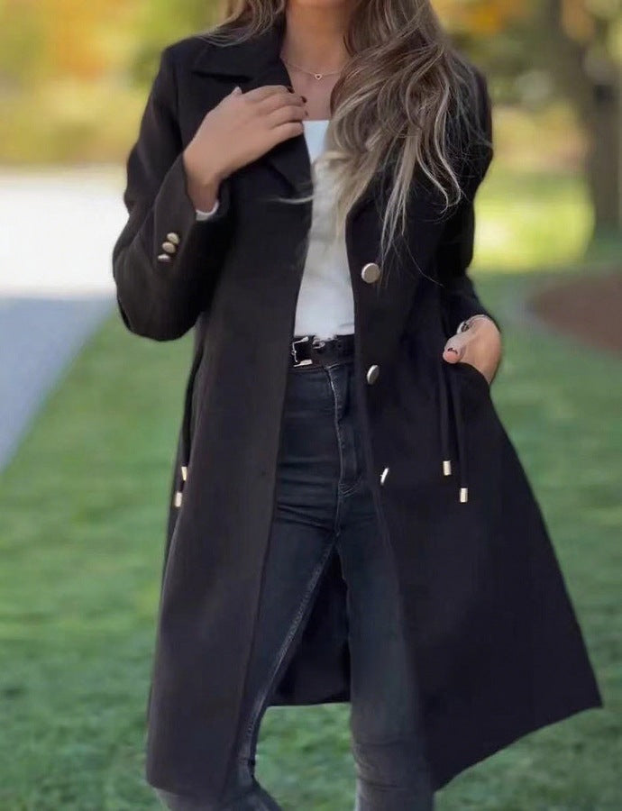Women's solid-color mid-length wool coat with drawstring and pockets by My Store