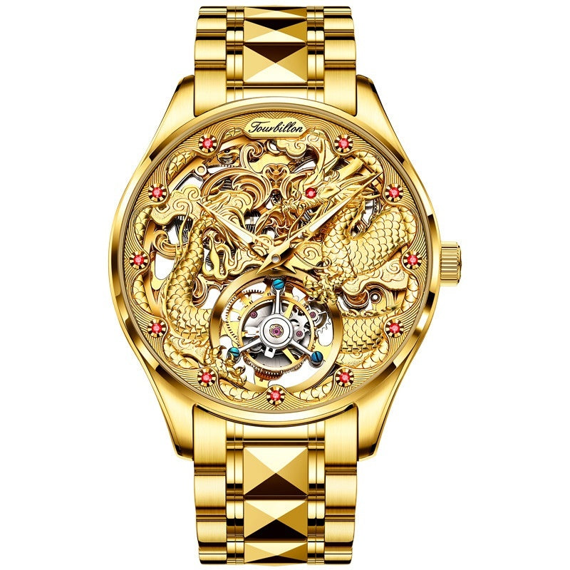 Men's water-resistant mechanical watch with hollowed-out design and steel strap