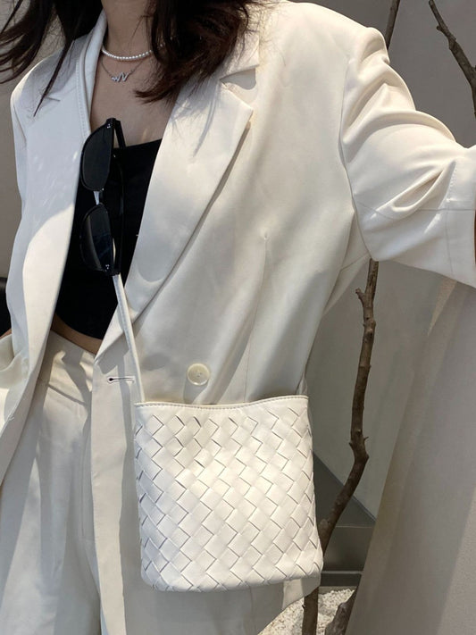 Genuine leather woven lambskin bucket bag with shoulder and crossbody strap