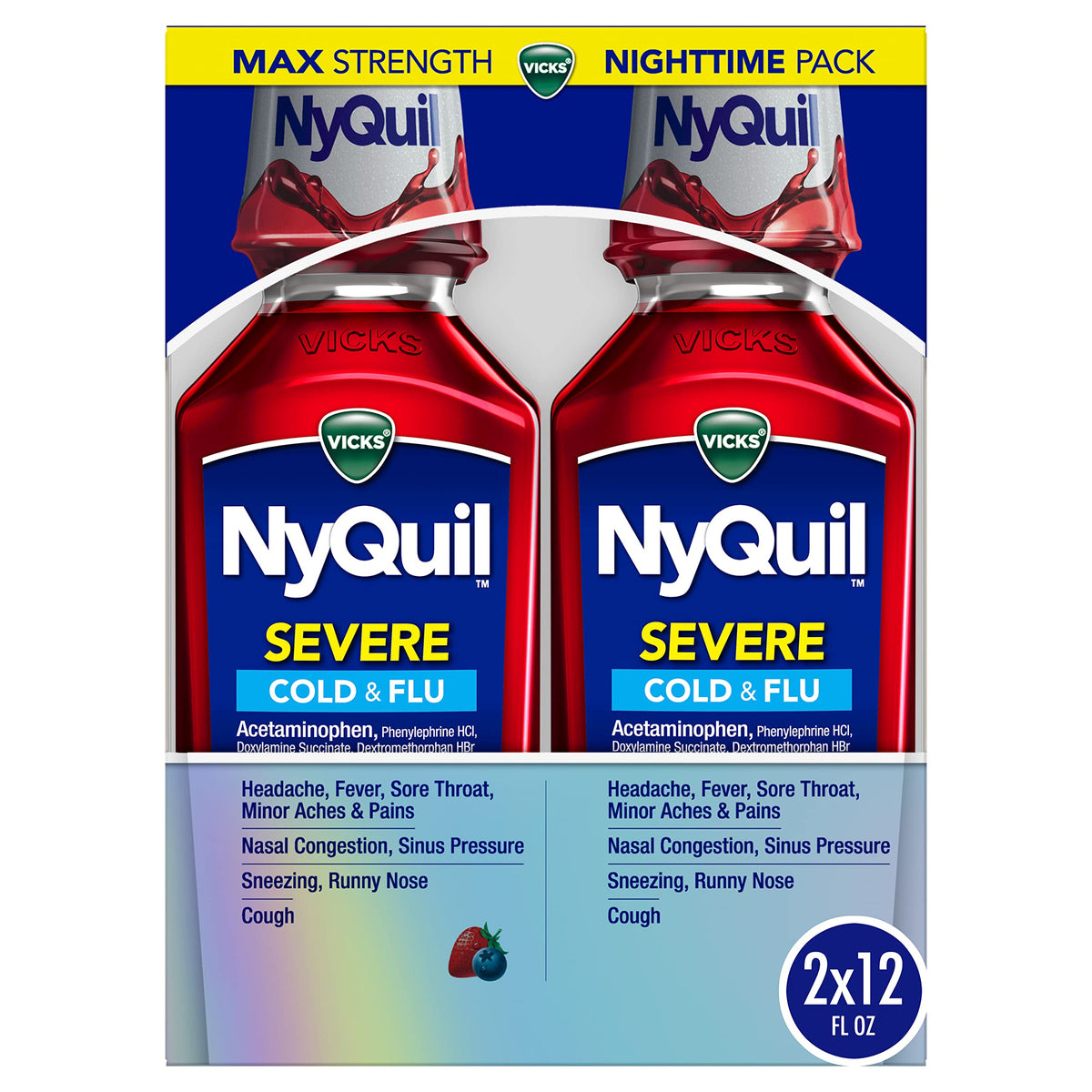 Vicks NyQuil Ultimate Cold & Flu Relief Berry Twin Pack in blister packs, featuring liquid medicine bottles with berry flavor labels.