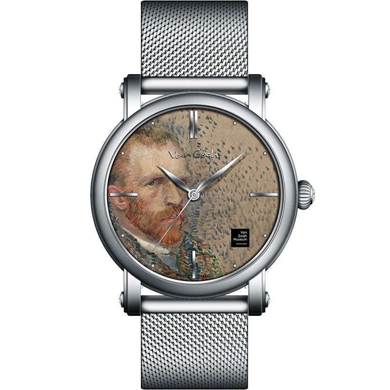 Van Gogh self-portrait 3D oil painting men's quartz watch with steel strap
