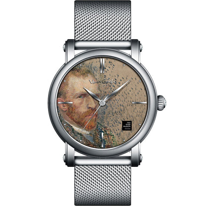 Van Gogh self-portrait 3D oil painting men's quartz watch with steel strap