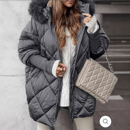 Winter hooded cardigan coat shown from the front in a warm, layered clothing style