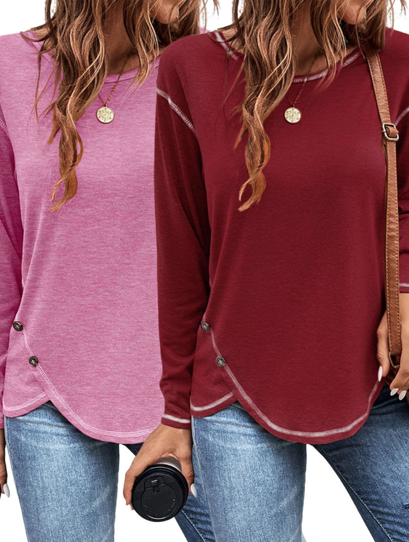 Women's solid button irregular edge T-shirt by My Store, front view