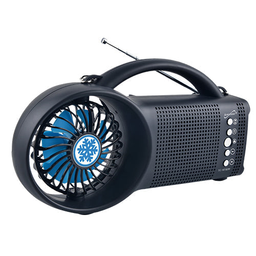 Supersonic Solar Power Bluetooth speaker with FM radio, LED torch light, and fan, showcasing its compact design and solar panel.