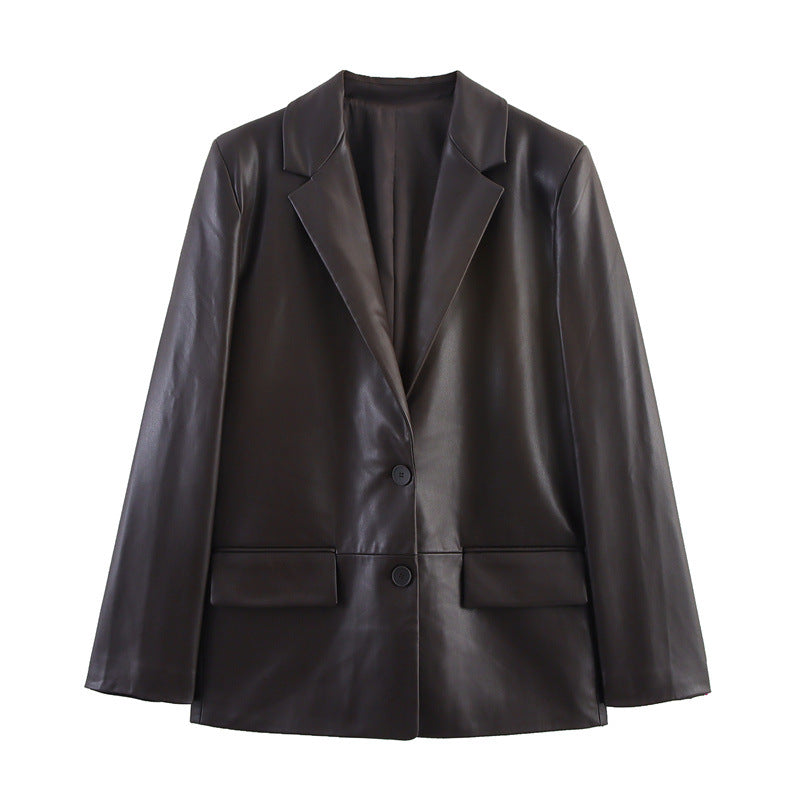Women's straight leather effect blazer in black, fashion temperament style