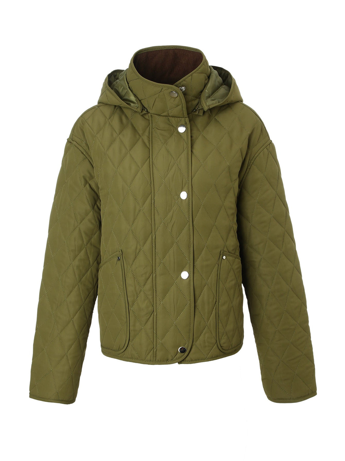 Women's short padded coat with detachable hood, front zip, and long sleeves#+#+