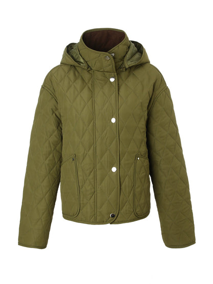 Women's short padded coat with detachable hood, front zip, and long sleeves#+#+