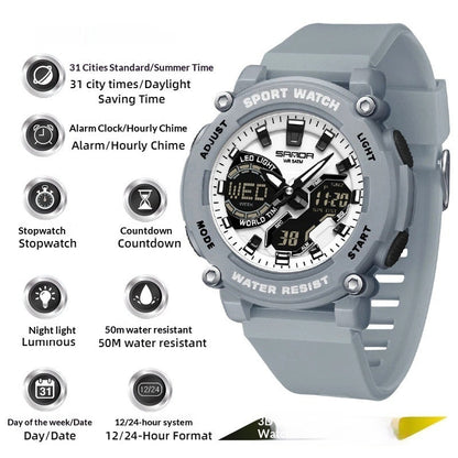 Dual-display luminous chronograph hiking watch with digital and analog faces, black sport design
