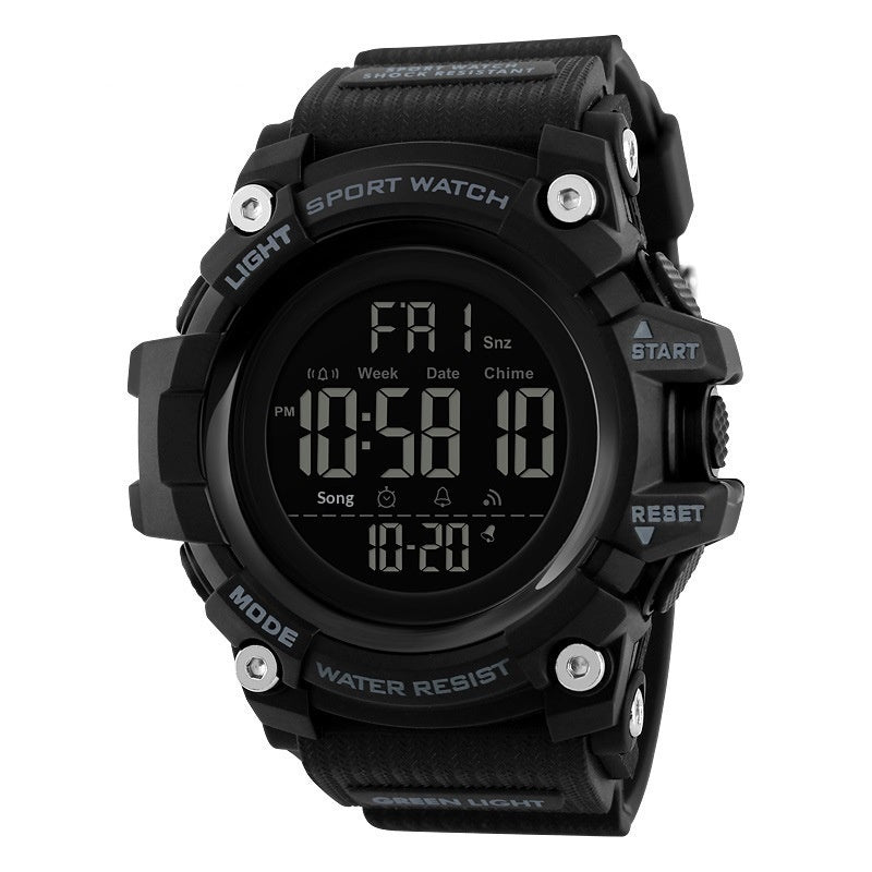 Men's outdoor sports electronic watch with multi-function digital display, black strap and rugged design