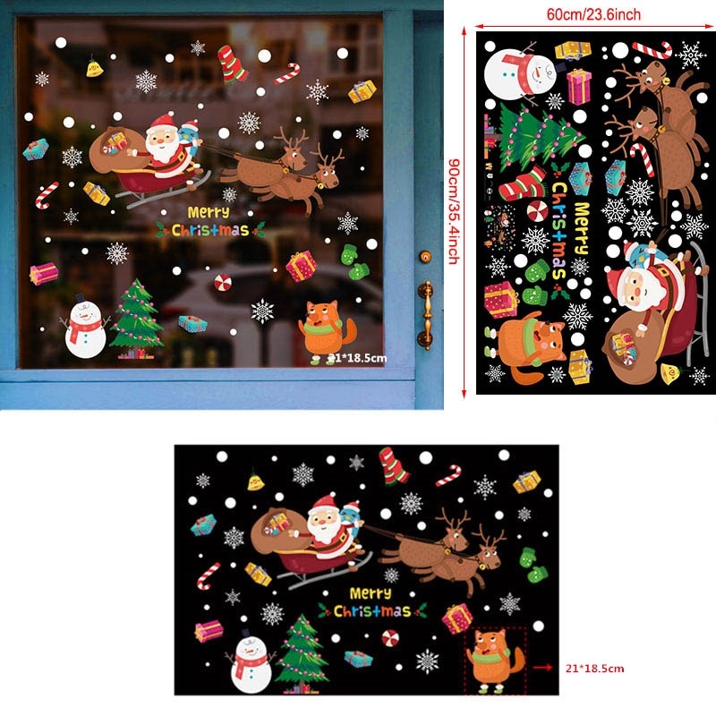 Christmas decorations store window stickers featuring festive holiday designs and colorful seasonal details