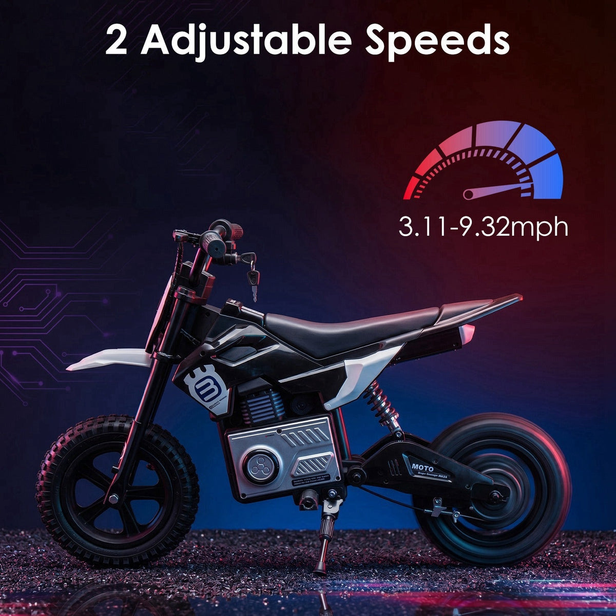 Kids riding a 24V GBruno Store electric motocross ride-on motorcycle, designed for children ages 5 to 12.