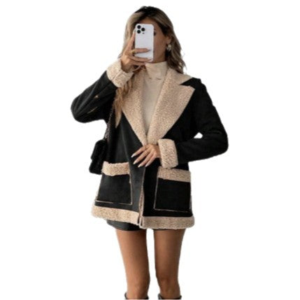 Women's suede and corduroy-blend lambswool coat in a textured design