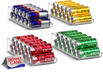 BACKUPMYFILESNOW® Sorbus Slimline Soda Can Holder, 4-pack, in refrigerator with cans organized for easy access and storage.