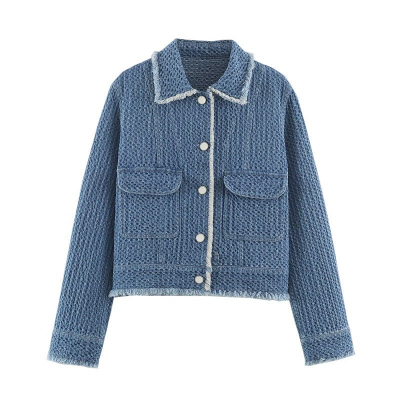 Long-sleeve lapel-collar cotton denim jacket in versatile blue design