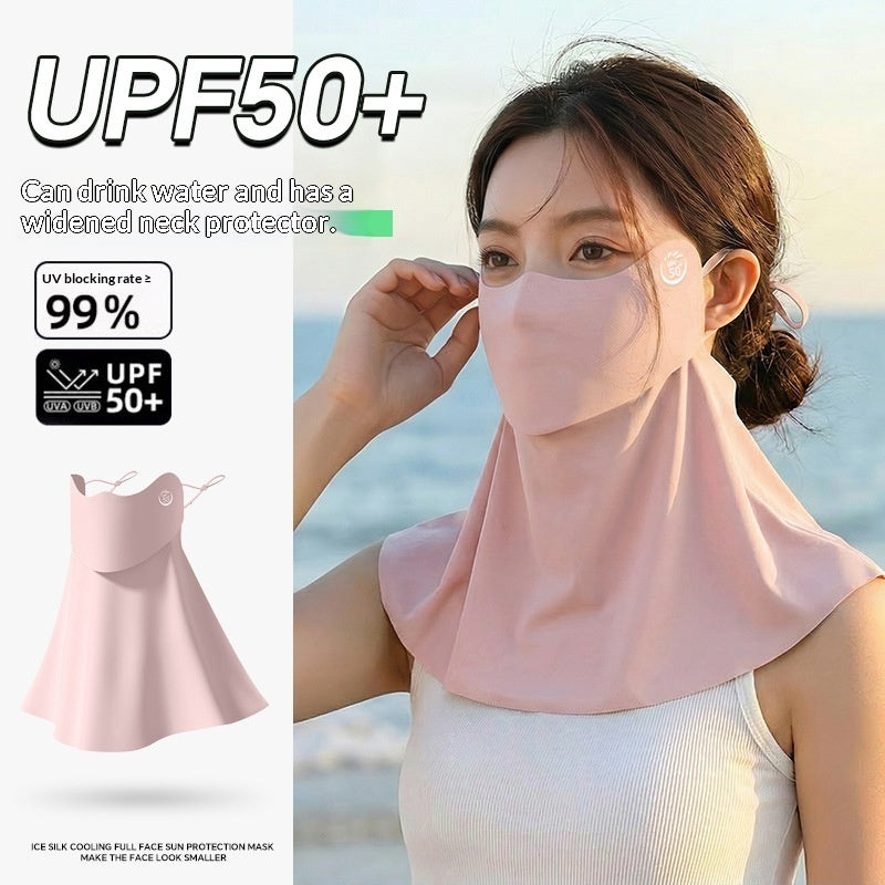 Women's half-face breathable UV-protective sun mask in black fabric covering nose and mouth