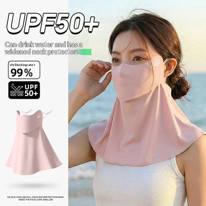 Women's half-face breathable UV-protective sun mask in black fabric covering nose and mouth