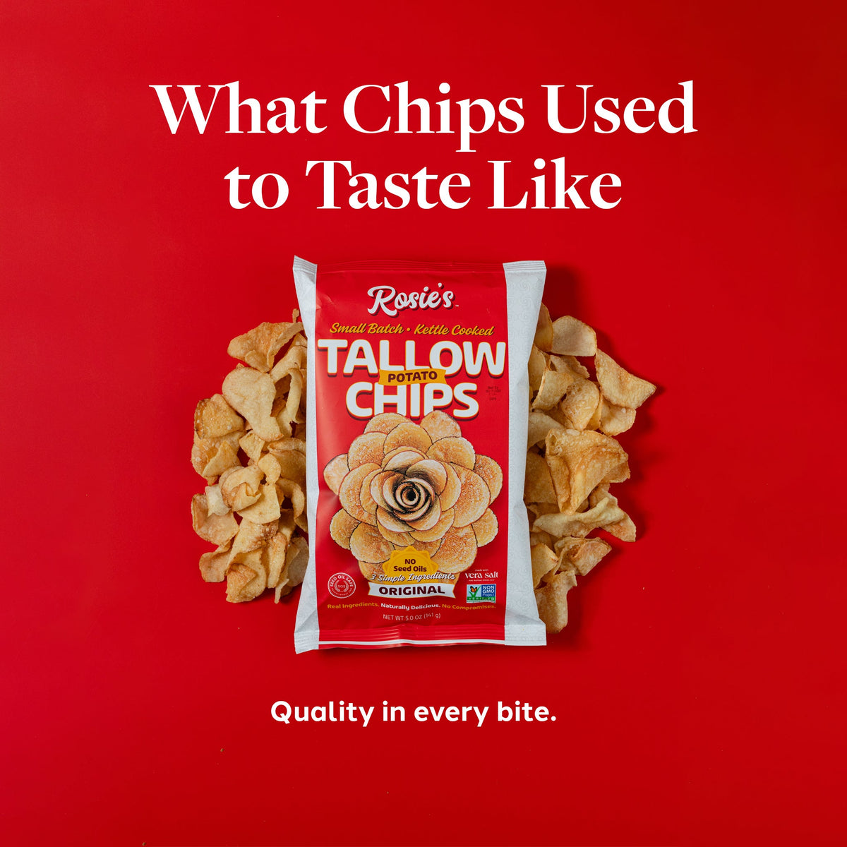 Golden crispy potato chips from Rosie's Chips in a close-up shot, showcasing their crunchy texture and ridged surface.
